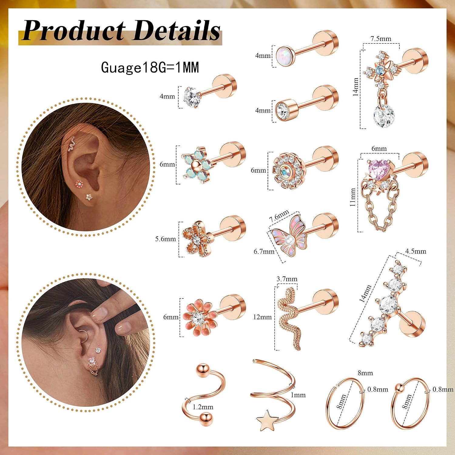 ORAZIO 18 шт. серьги-гвоздики  – обзор и цена Body Jewelry For Sensitive Skin